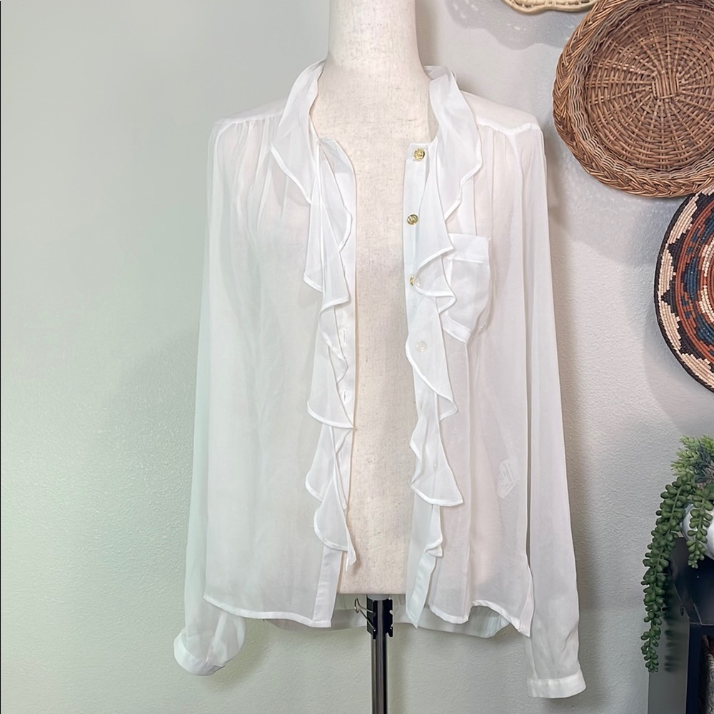 Women’s Democracy Sheer White Flowy Ruffle Button Up Blouse Gold Buttons Large